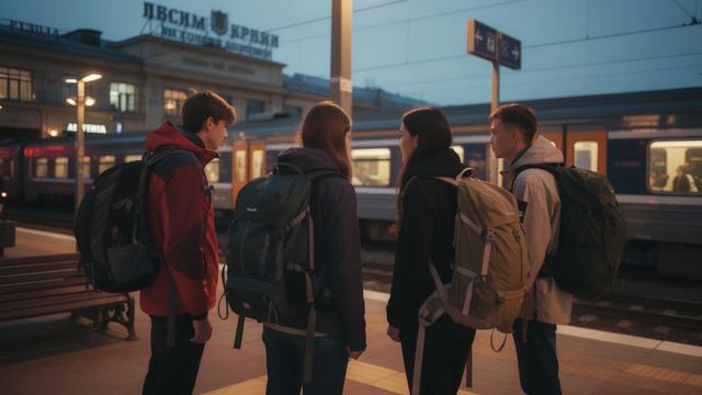 Travelers with backpacks waiting at a station platform before a night train to a festival