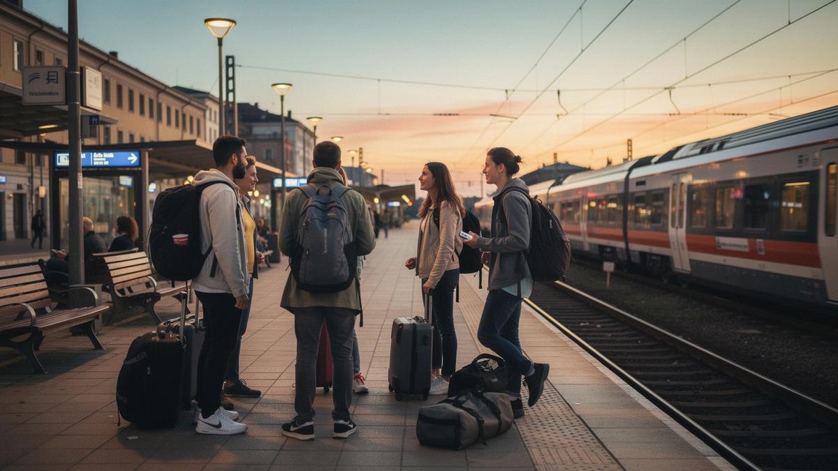 Young travellers with backpacks meeting on a station platform before a festival transfer